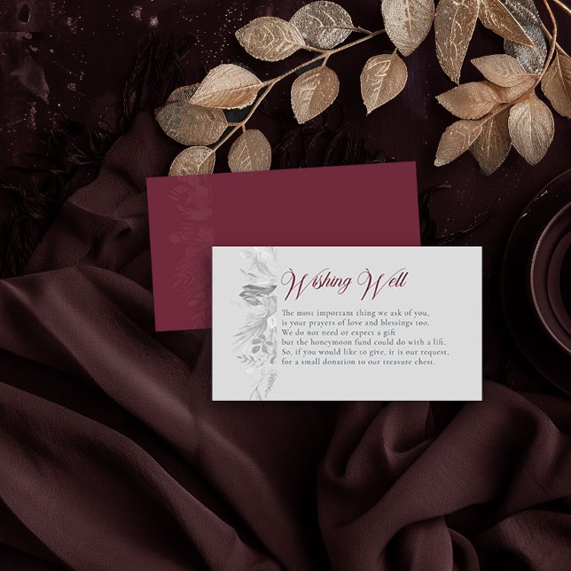 Burgundy Grey Botanical Foliage Wishing Well Enclosure Card (Wishing Well Insert Card in Burgundy and Grey from the Foliage Duet Collection by Darling & May)