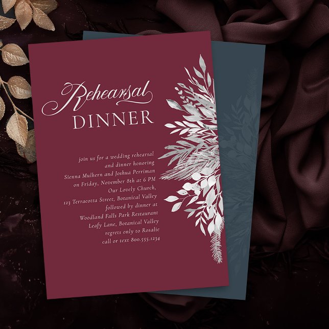 Burgundy Grey Botanical Wedding Rehearsal Dinner Invitation (Rehearsal Dinner invitation in Burgundy and Grey from the Foliage Duet Collection by Darling & May)