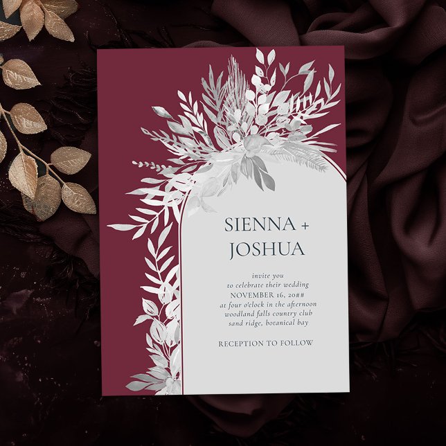 Burgundy Grey Elegant Botanical Arch Wedding Invitation (Elegant Arch Burgundy and Grey wedding invitation from the Foliage Duet Collection by Darling & May)