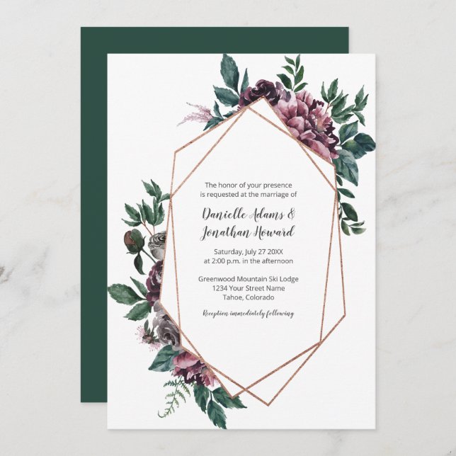 Burgundy Grey Geometric Floral Wedding Invitation (Front/Back)