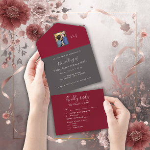 burgundy grey minimal fancy couple photo monogram all in one invitation