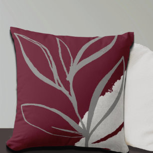 Burgundy & Grey Minimalist Watercolor Leaves Cushion