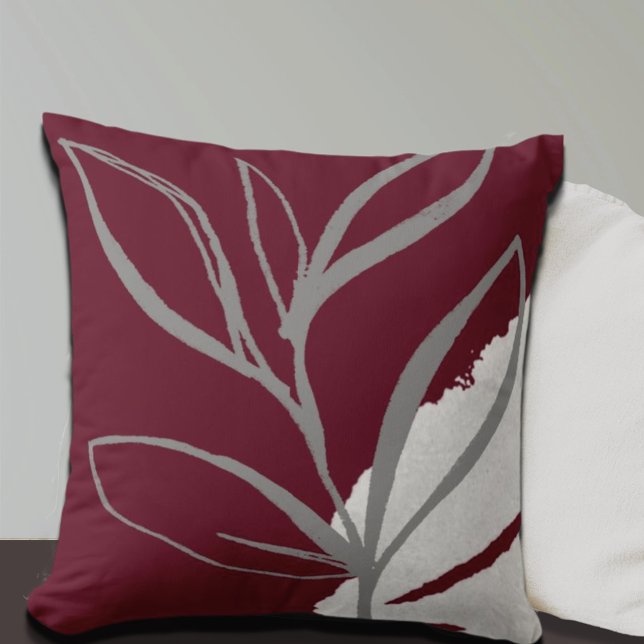 Burgundy & Grey Minimalist Watercolor Leaves Cushion (Creator Uploaded)
