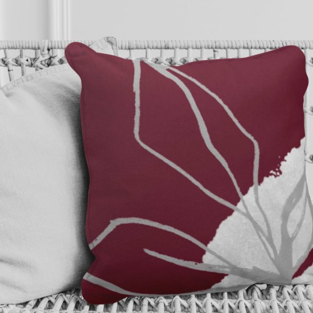 Burgundy & Grey Watercolor Botanical Leaves Cushion (Creator Uploaded)