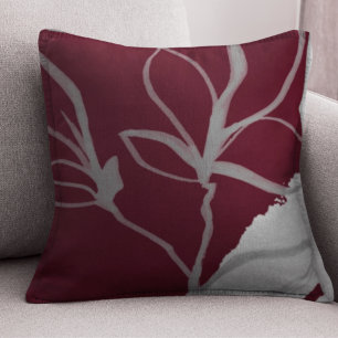Burgundy & Grey Watercolor Leaf Design Cushion