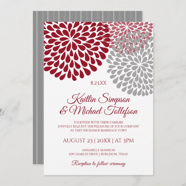 Burgundy & Grey Wedding Invitations | Floral & Fun (Front/Back)