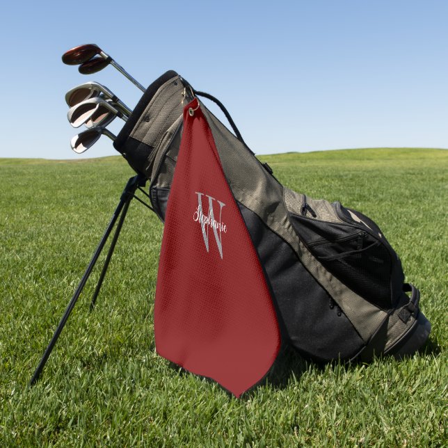 Burgundy Grey White Monogram Personalised Golf Towel (Green)
