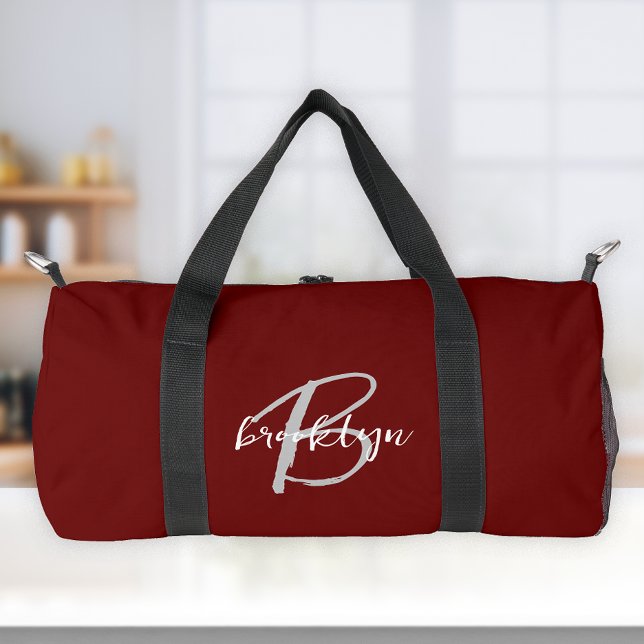 Burgundy Grey White Script Monogram  Duffle Bag (Creator Uploaded)