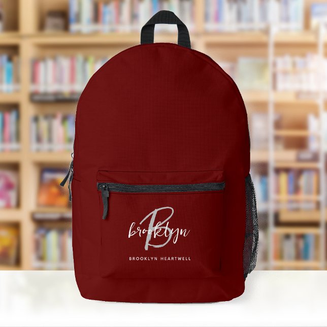 Burgundy Grey White Script Monogram Name Printed Backpack (Creator Uploaded)