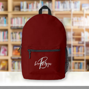 Burgundy Grey White Script Monogram Printed Backpack