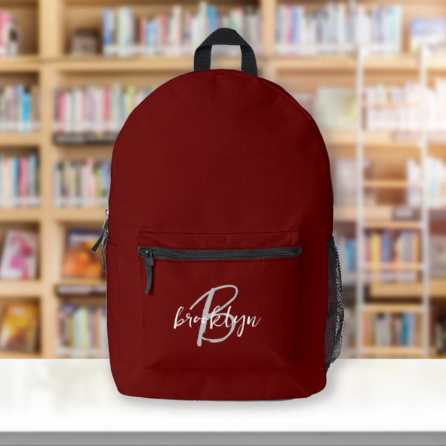 Burgundy Grey White Script Monogram  Printed Backpack (Creator Uploaded)