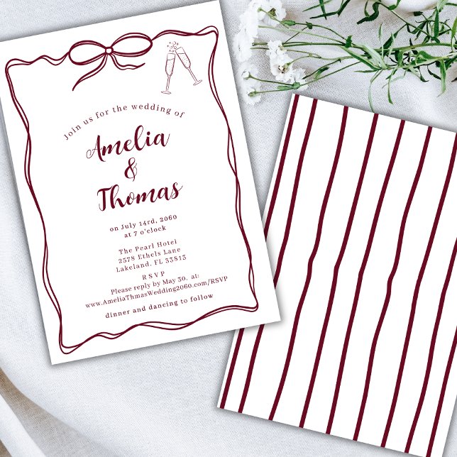 Burgundy Hand Draw Doodle Wavy Border Bow Wedding  Invitation (Creator Uploaded)