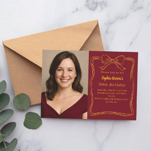 Burgundy hand-drawn bow photo birthday invitation