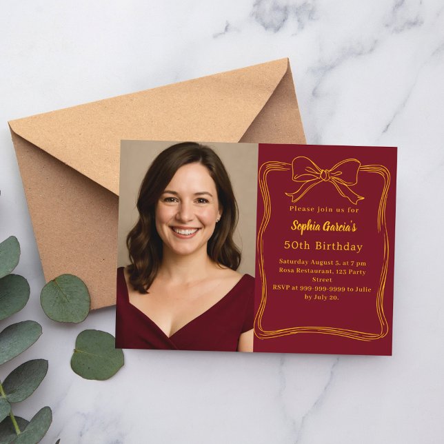 Burgundy hand-drawn bow photo birthday invitation postcard (Creator Uploaded)
