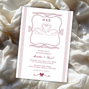 Burgundy Hand Drawn Swan Stripes Monogram Wedding Invitation