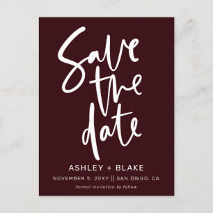 Burgundy Handwritten Calligraphy Save the Date Announcement Postcard