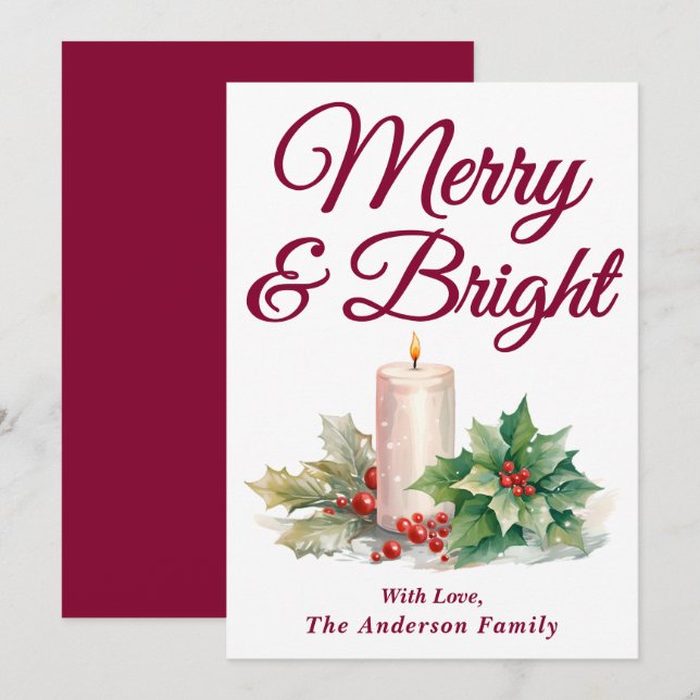 Burgundy Handwritten Script Merry & Bright Holiday Card (Front/Back)