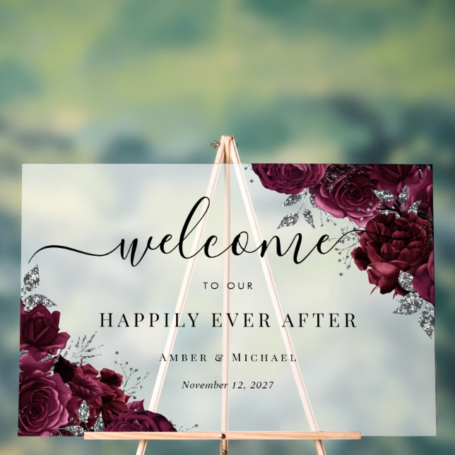 Burgundy Happily Ever After Wedding Acrylic Sign (Neutral)