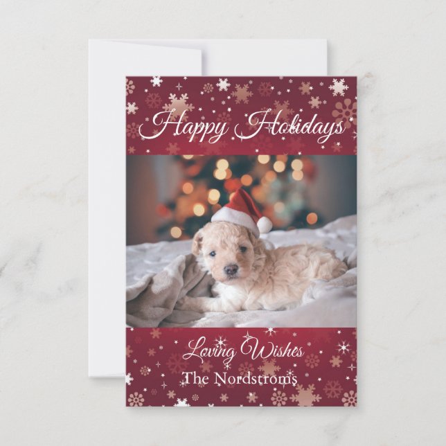 Burgundy Happy Holiday Custom Family Photo  Card (Front)