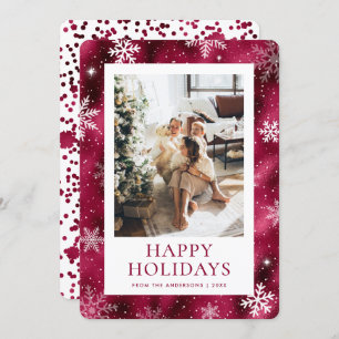 Burgundy Happy Holidays Snowflake Snow Photo Holiday Card