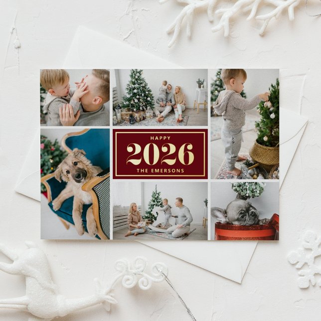 Burgundy Happy New Year 2026 Photo Collage (Customizable photo collage New Year card featuring gold foil texts on a burgundy background.)