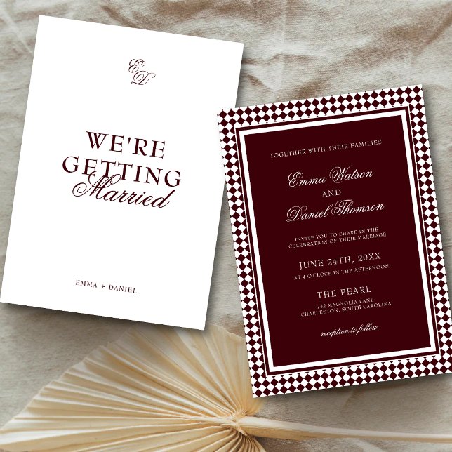 Burgundy Harlequin Border Monogram Back Wedding Invitation (Burgundy monogram wedding invitation adds a personalized touch to your celebration.)