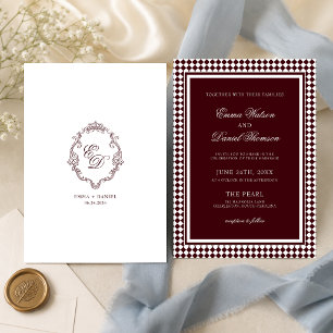 Burgundy Harlequin Border Monogram Crest Wedding Invitation