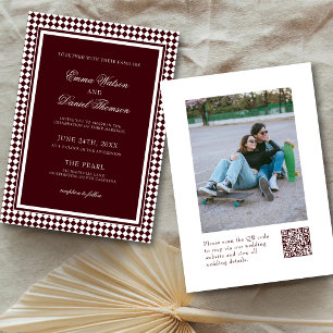 Burgundy Harlequin Border Photo QR Code Wedding Invitation
