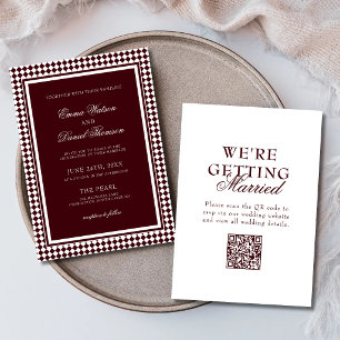 Burgundy Harlequin Border QR Code Wedding Invitation