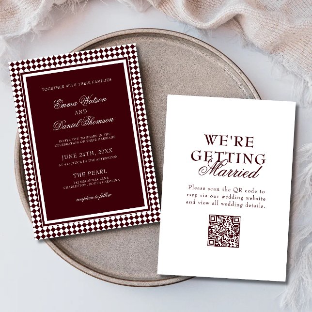 Burgundy Harlequin Border QR Code Wedding Invitation (Burgundy QR code wedding invitation combines classic elegance with modern convenience.)