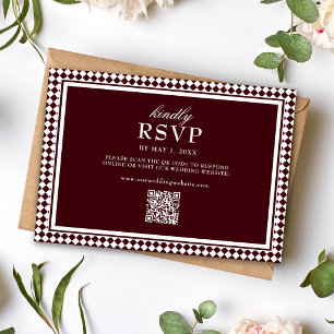Burgundy Harlequin Border QR Code Wedding RSVP Card
