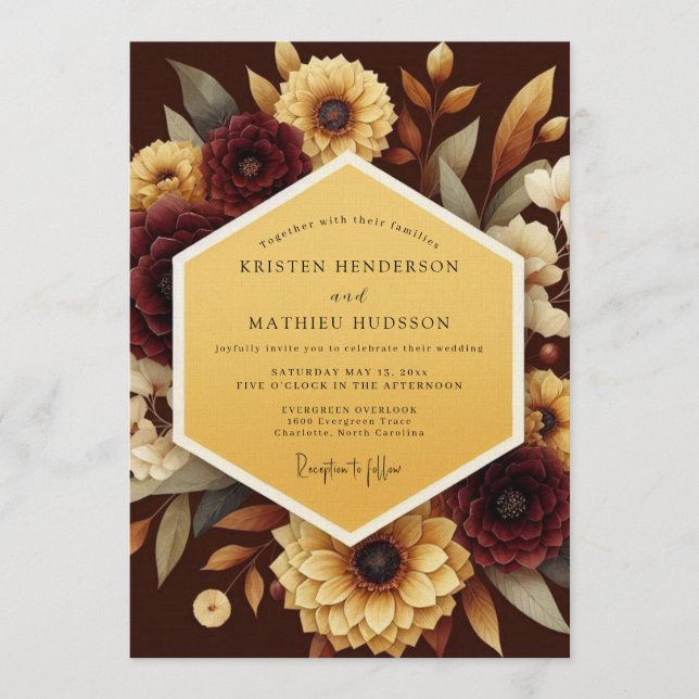 Burgundy Harvest Bloom Wedding Invitation (Front)