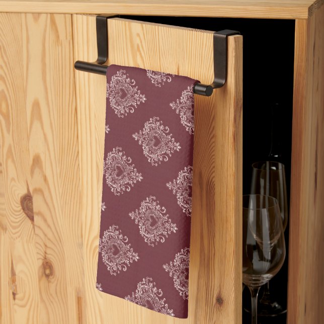Burgundy Heart Damask Kitchen Towels (Thirds Fold)