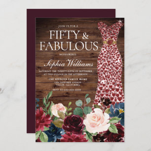 Burgundy Heart Dress Rustic Floral 50th Birthday Invitation