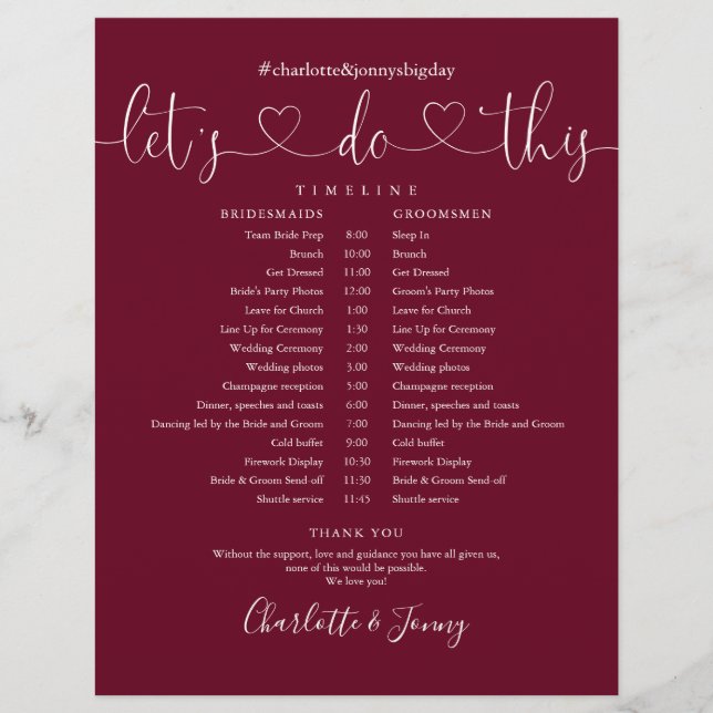 Burgundy Heart Script Wedding Schedule Timeline (Front)