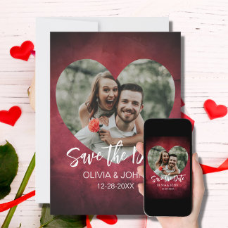 Burgundy Heart-Shaped Photo Save the Date Wedding Invitation