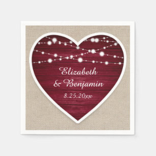 Burgundy Heart String Lights Burlap Wedding Napkin