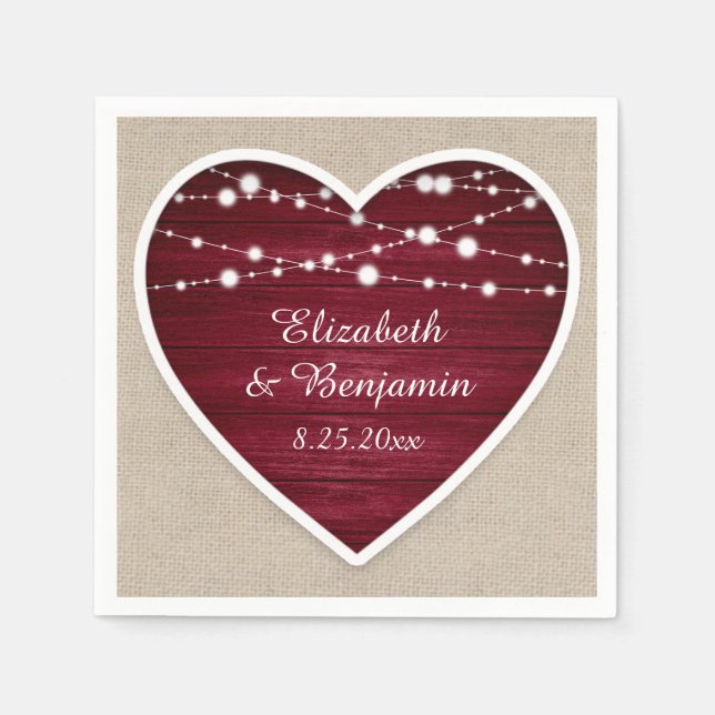 Burgundy Heart String Lights Burlap Wedding Napkin (Front)