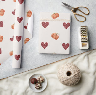 Burgundy Hearts Pumpkins Christmas (any occasion) Wrapping Paper