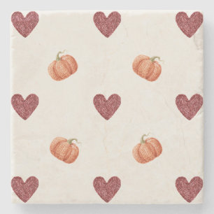 Burgundy Hearts Pumpkins Stone Coaster