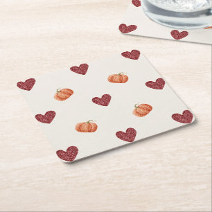 Burgundy Hearts Pumpkins Thanksgiving Square Paper Coaster