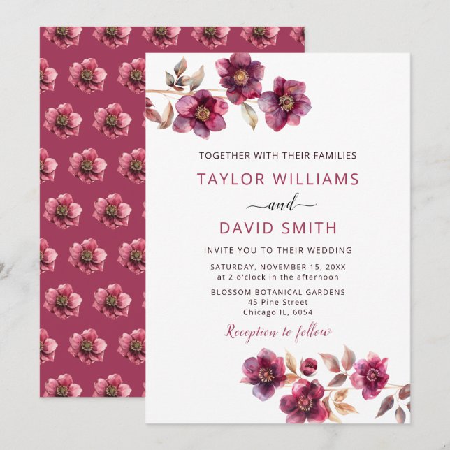 Burgundy Hellebore Botanical Wedding Invitation (Front/Back)