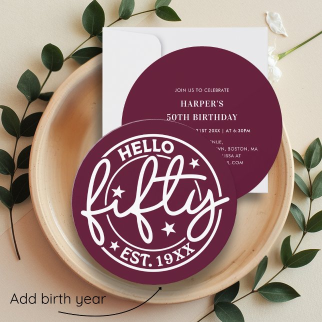 Burgundy Hello Fifty 50th Birthday Invitation (Creator Uploaded)