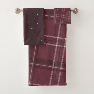 Burgundy holiday plaid and stars bath towel set