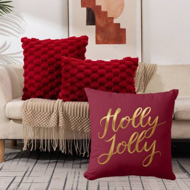 Burgundy Holly Jolly - Gold Script Holiday Decor Cushion (Burgundy Holly Jolly - Gold Script Holiday Decor Throw Pillow)