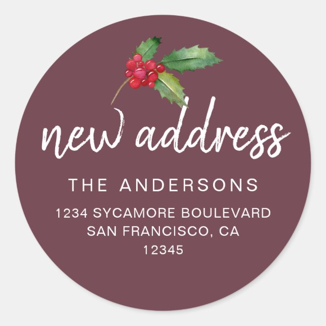 Burgundy Holly New Address Holiday Classic Round Sticker (Front)