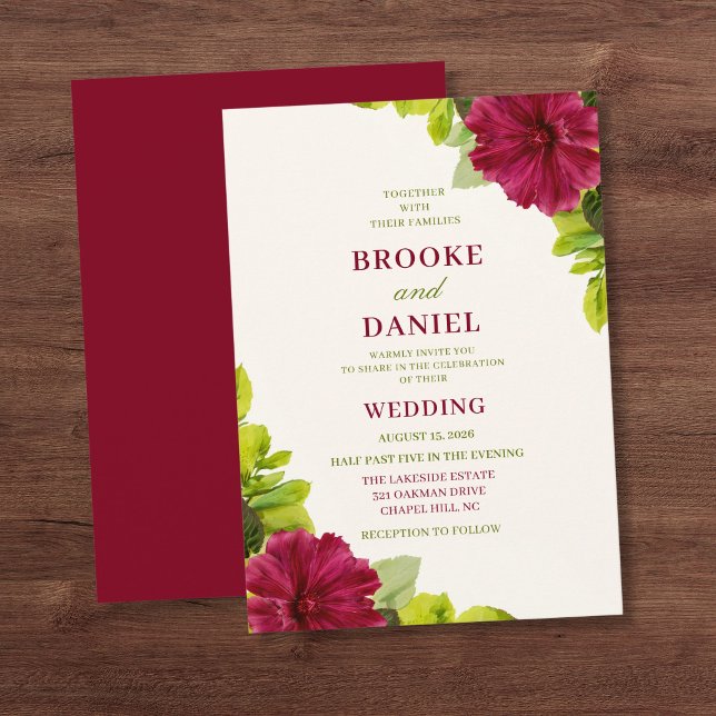 Burgundy Hollyhock Green Leaf Wedding Invitation (Creator Uploaded)