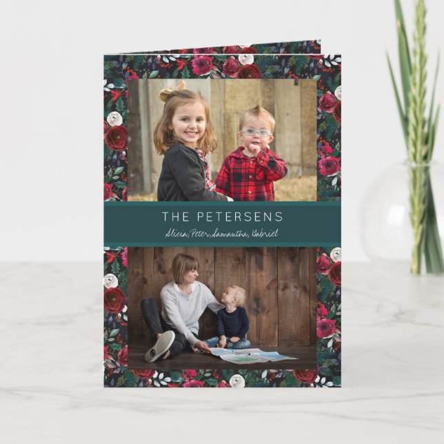 Burgundy Hunter Green Floral Christmas 2 Photos Holiday Card (Front)