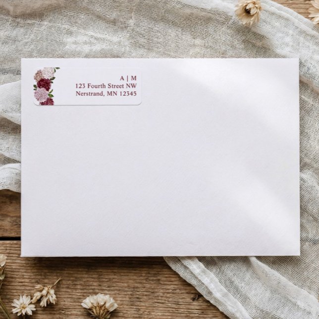 Burgundy Hydrangea Floral Wedding Return Address (Burgundy hydrangea wedding return address label with initials and vintage florals)