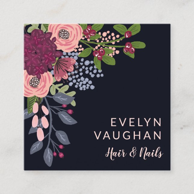 Burgundy Hydrangea & Pink Roses Square Business Card (Front)